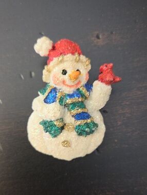 Vtg Glitter Snowman Pin with Red Hat and Blue-Green Scarf - 2" Tall